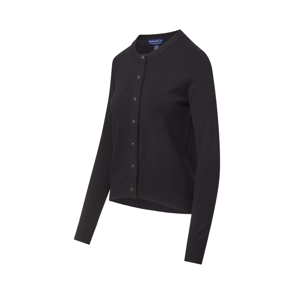 MagnaReady women's black magnetic knit cardigan angled view on a white background.